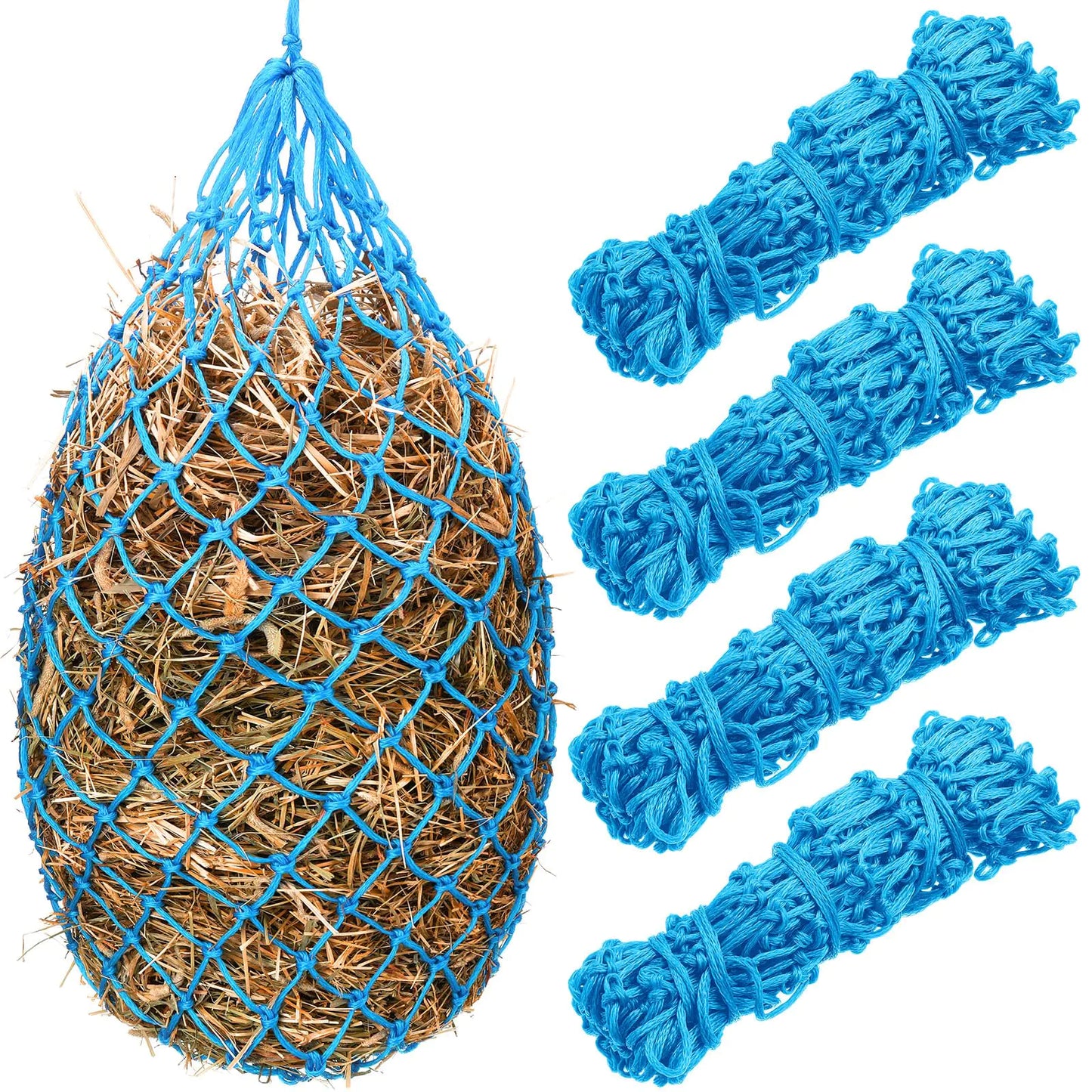 Nuenen 4 Pcs Slow Feed Hay Bag 40 Inch Hay Nets for Horses Hanging Hay Feeder for Goats 2 x 2 Inch Mesh Holes Horse Hay Bag Horse Feeding Supplies for Trailer and Stall Simulates Grazing (Sky Blue) - The One Stop Equine Shop