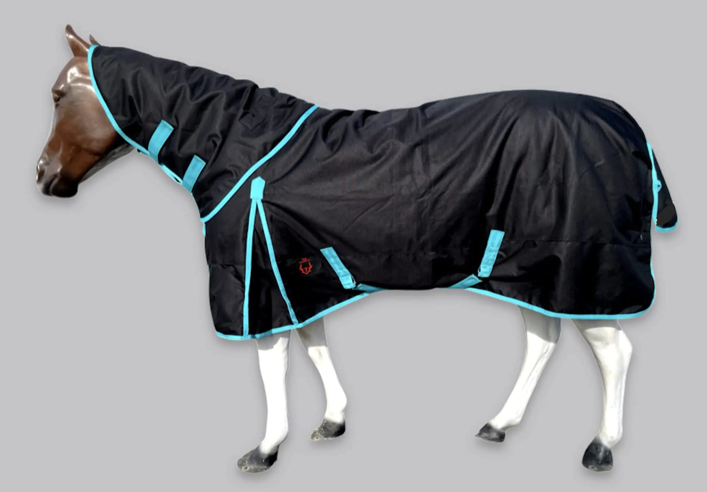 Tech Equestrian Horse RAIN Sheet with Neck Cover | 1200Denier Horse Rainsheet with Hood | Horse Turnout Sheet With Neck |Horse Rainsheet Combo (Waterproof | Breathable) (Black-with-Turquoise-Trim 76) - The One Stop Equine Shop