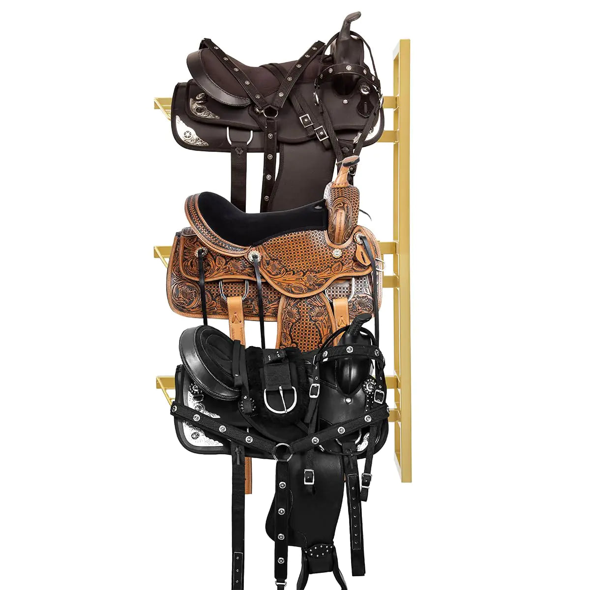 GOLASON Wall Mounted Horse Saddle Rack 3-Tier Heavy Duty Western and English Saddle Storage Equestrian Saddle Stand Holder for Horses Supplies Accessories Gold - The One Stop Equine Shop
