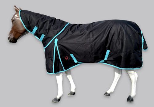 Tech Equestrian Horse RAIN Sheet with Neck Cover | 1200Denier Horse Rainsheet with Hood | Horse Turnout Sheet With Neck |Horse Rainsheet Combo (Waterproof | Breathable) (Black-with-Turquoise-Trim 76) - The One Stop Equine Shop