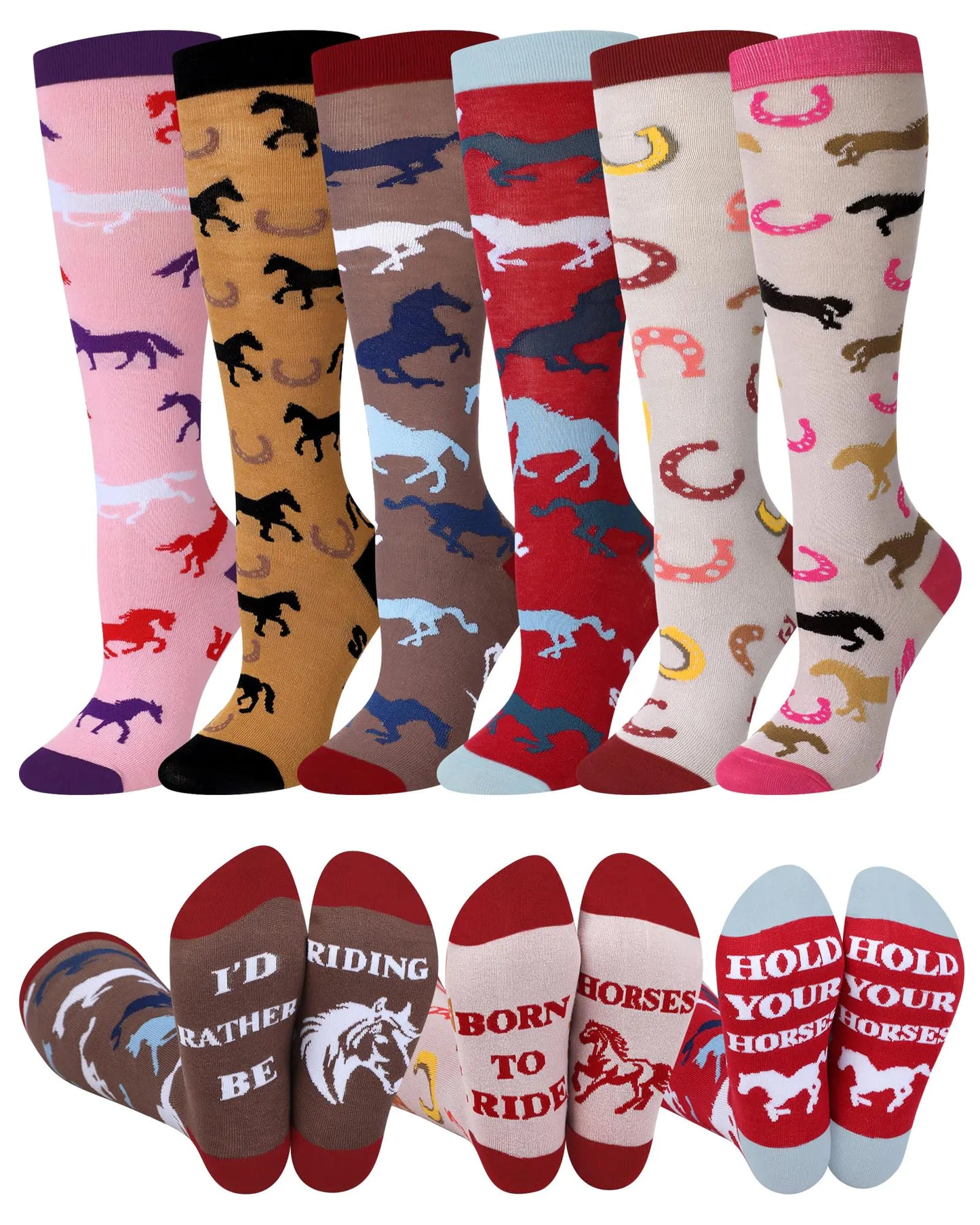 Chuarry 6 Pairs Funny Equestrian Socks for Women Knee High Horse Riding Socks Novelty Western Boot Socks for Horse Lover Gifts Equestrians Cow Derby Party Favors - The One Stop Equine Shop