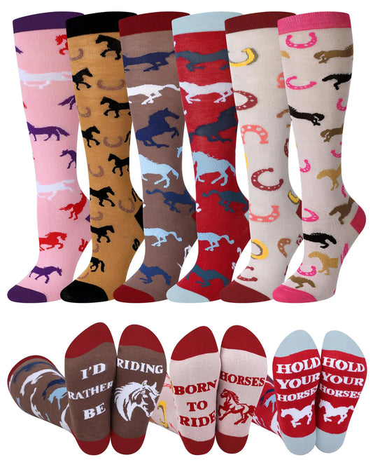 Chuarry 6 Pairs Funny Equestrian Socks for Women Knee High Horse Riding Socks Novelty Western Boot Socks for Horse Lover Gifts Equestrians Cow Derby Party Favors - The One Stop Equine Shop