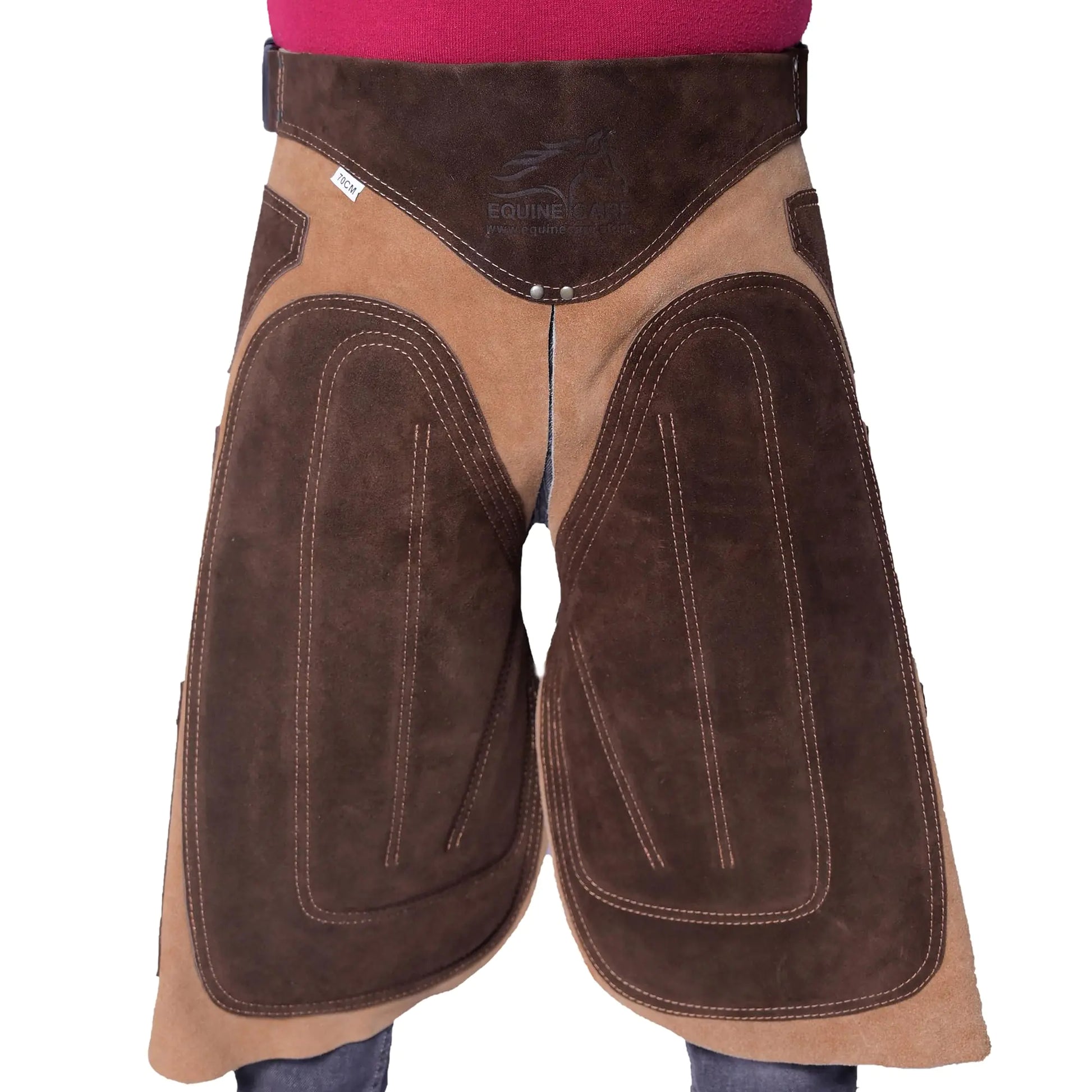 Equine Care Farrier Apron - 23" Cowhide Suede Leather Back Support 4 Knife Pockets 2 Nail Magnets Adjustable 28-52" Waist Knee Pads – Durable Farrier Chaps for Horse Shoeing & Hoof Trimming. - The One Stop Equine Shop