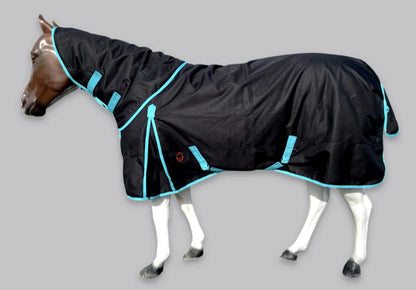 Tech Equestrian Horse RAIN Sheet with Neck Cover | 1200Denier Horse Rainsheet with Hood | Horse Turnout Sheet With Neck |Horse Rainsheet Combo (Waterproof | Breathable) (Black-with-Turquoise-Trim 76) - The One Stop Equine Shop