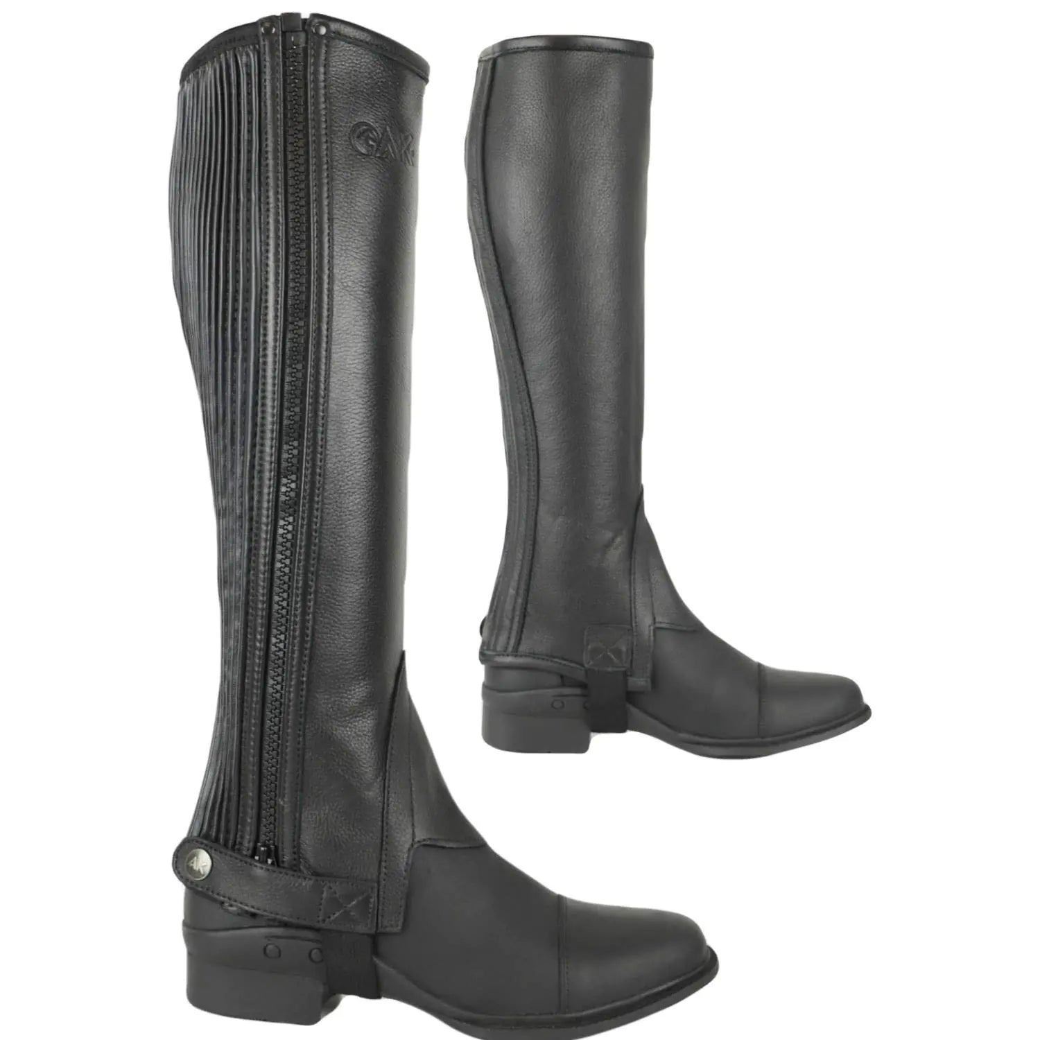 AK New Unisex Side Zip with Stretch Panel Full Grain Leather Equestrian Horse Riding Half Chaps AKRS-1022 (Black 2XL) - The One Stop Equine Shop