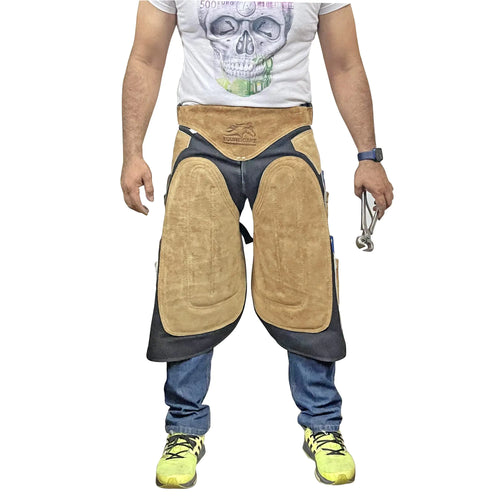 Equine Care Farrier Apron Chaps 25" – Cowhide Suede Leather & Canvas Adjustable Waist 4 Hoof Knife Pockets 2 Nail Magnets Air Mesh Backing for Horse Shoeing & Hoof Trimming. - The One Stop Equine Shop