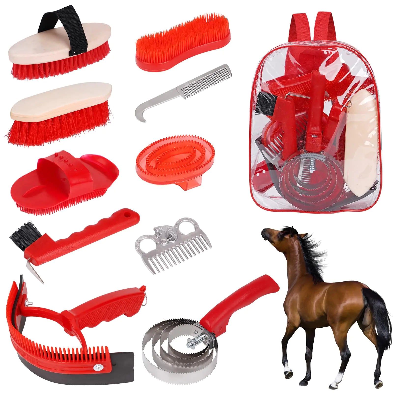 KHEARPSL Horse Grooming Kit Horse Brushes for Grooming 10pcs Horse Cleaning Tool Set with Tote Bag Sweat Scraper Curry Comb Brush Hoof Pick Horse Bathing Grooming Supplies Equine Care Supplies - The One Stop Equine Shop