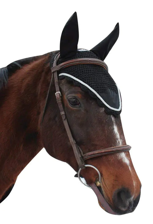 Equine Couture Fly Bonnet with Silver Rope - Pony Color - Black Size - Cob