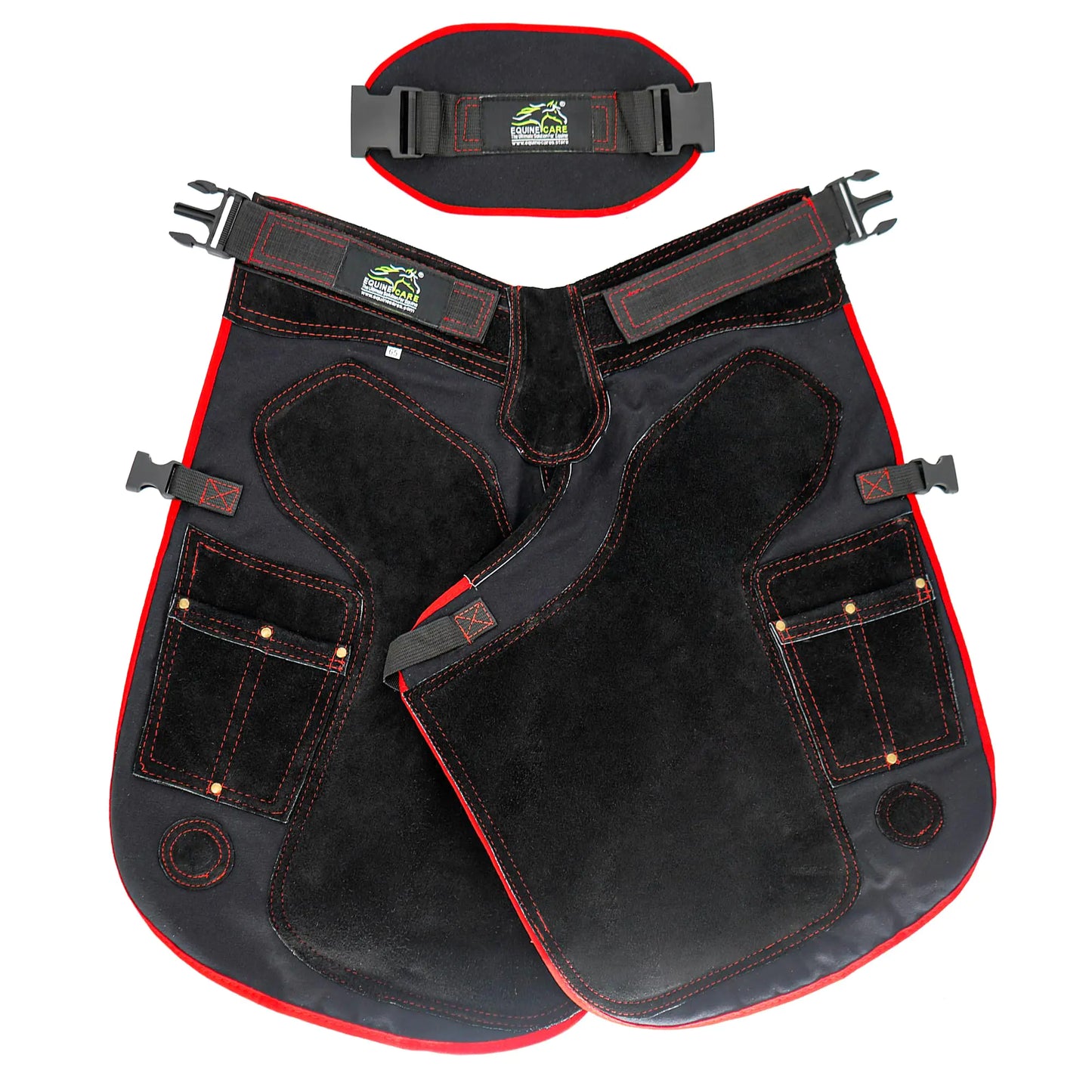 Equine Care Farrier Apron – 29" Cowhide Suede Leather & Canvas Adjustable Waist (28-52") Air Mesh Back 4 Knife Pockets 2 Nail Magnets – Farrier Chaps for Horse Shoeing & Hoof Trimming - The One Stop Equine Shop