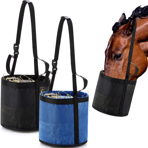 Wesnoy 2 Pcs Horse Feed Bags for Grain Horse Feed Bucket with Adjustable Strap and Waterproof Bottom for Horse Feeding (Black and Blue) - The One Stop Equine Shop