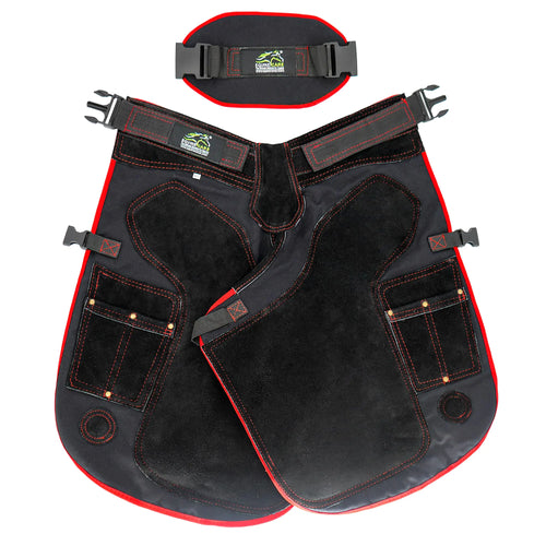 Equine Care Farrier Apron – 29" Cowhide Suede Leather & Canvas Adjustable Waist (28-52") Air Mesh Back 4 Knife Pockets 2 Nail Magnets – Farrier Chaps for Horse Shoeing & Hoof Trimming - The One Stop Equine Shop