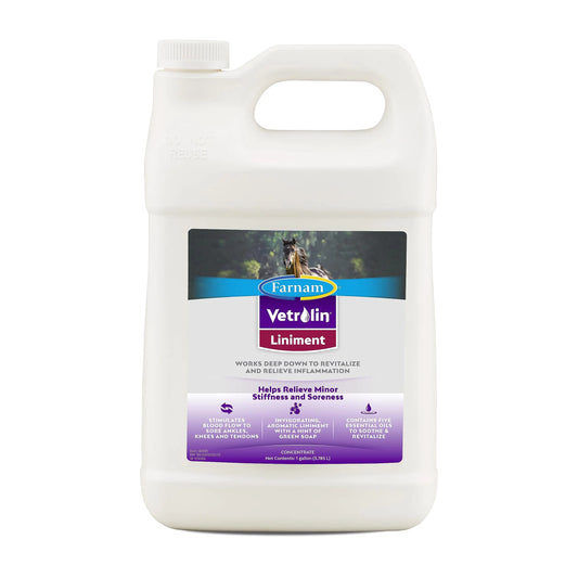 Farnam Vetrolin Horse Liniment for Muscle Soreness Stiffness and Inflammation Relief on Horses Helps Reduce Swelling 128 Ounces - The One Stop Equine Shop