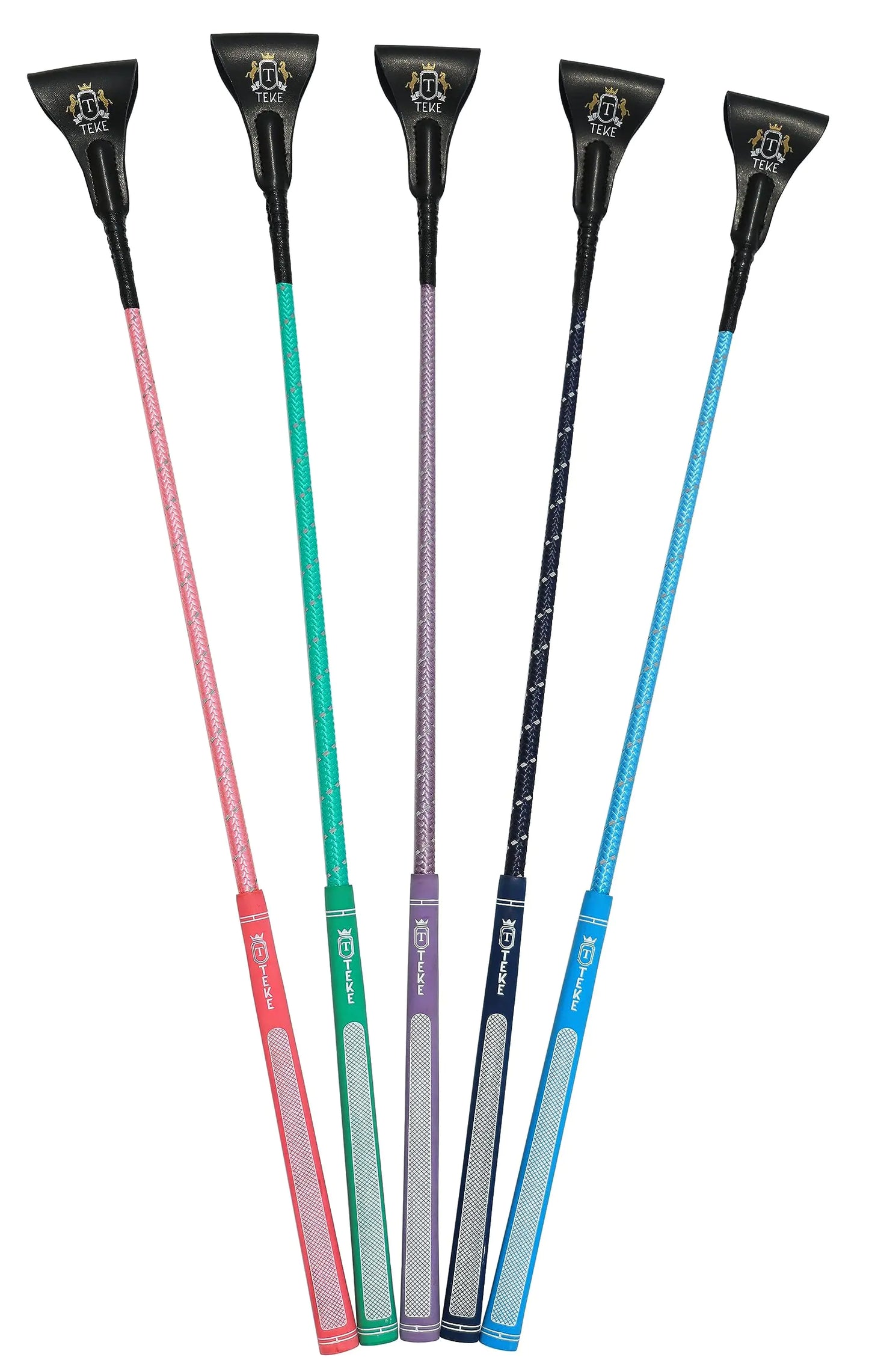 T TEKE 26" Twinkle Equestrian Whips Horse Riding Crop with Golf Handle Reflex Shaft and Fishtail Genuine Leather Slapper - The One Stop Equine Shop
