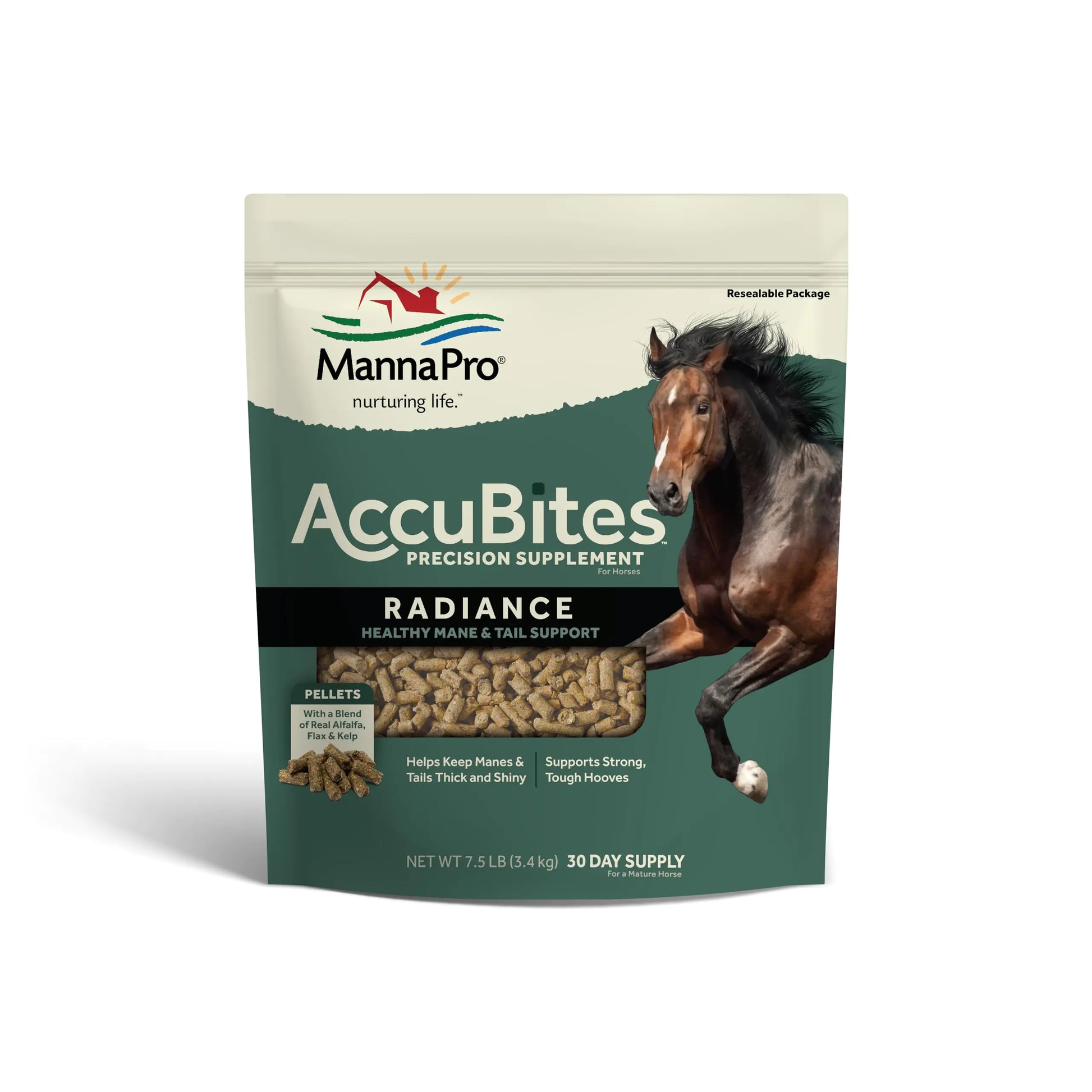 Manna Pro AccuBites Radiance Equine Supplement – Skin & Coat Essential Vitamins & Hoof Health for Horses – Packed with Omega 3 6 & Biotin – Main & Tail Maintenance – Alfalfa Flavored – 7.5 lbs - The One Stop Equine Shop