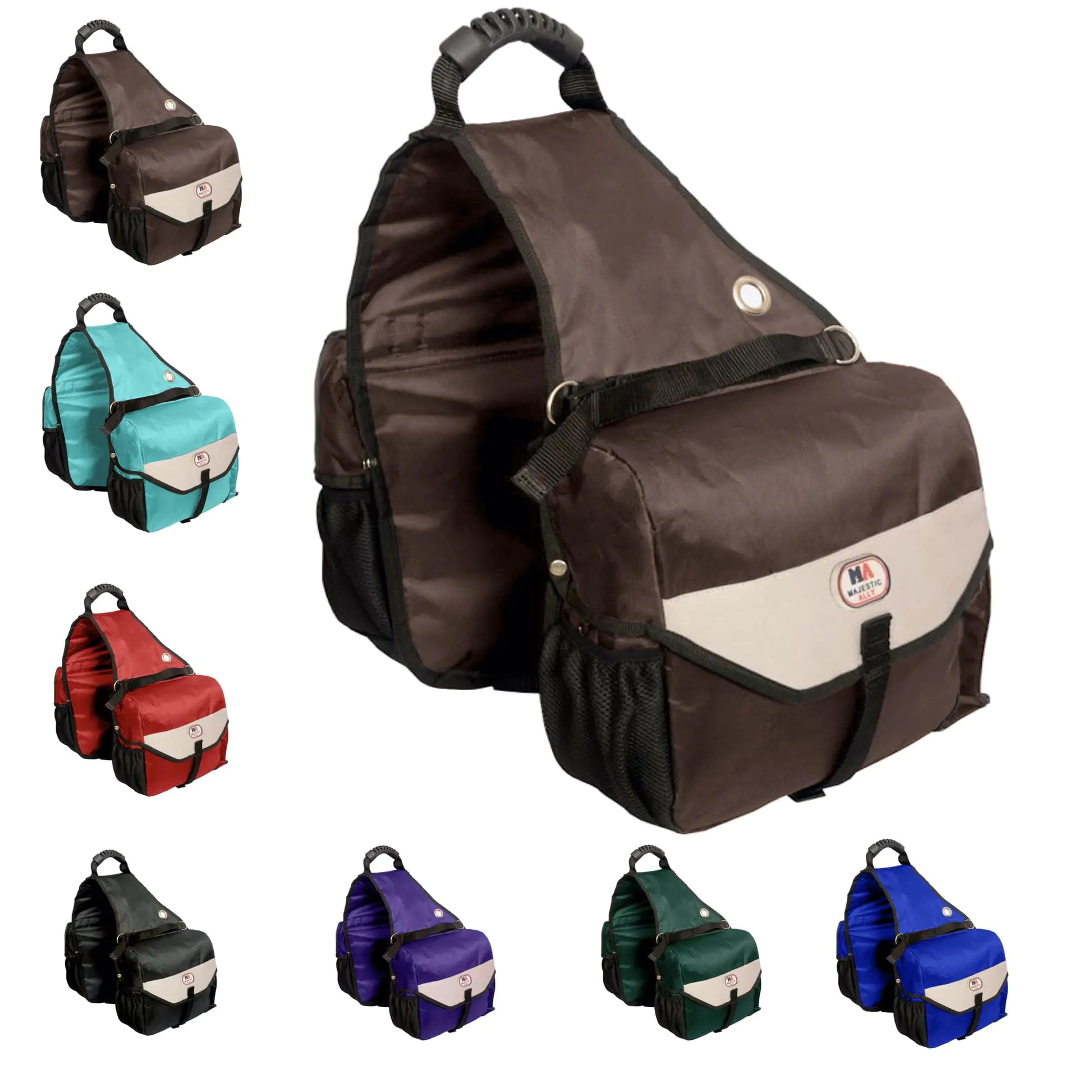 Majestic Ally Horse Saddle Bag - Nylon Insulated Leakproof Cooler Reflective Padded with Pockets and Water Bottle Carrier Durable Equestrian Saddle Bag (Brown) - The One Stop Equine Shop