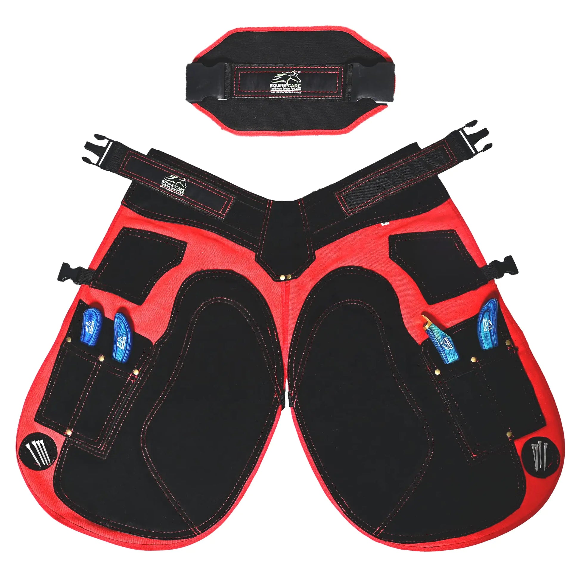 Equine Care 23" Farrier Apron - Cowhide Suede Leather & Canvas Adjustable 28-52" Waist 4 Hoof Knife Pockets 2 Magnets - Professional Farrier Chaps for Horse Shoeing & Hoof Trimming - The One Stop Equine Shop