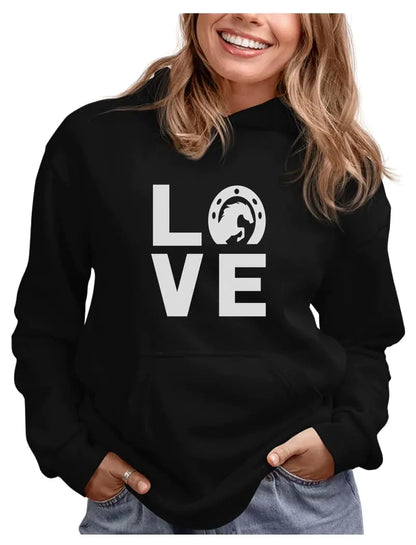 Tstars Horseshoe Print Love Hoodie for Women Teen Girls Equestrian Horseback Riding Horse Sweatshirt Hoodies Small Black - The One Stop Equine Shop