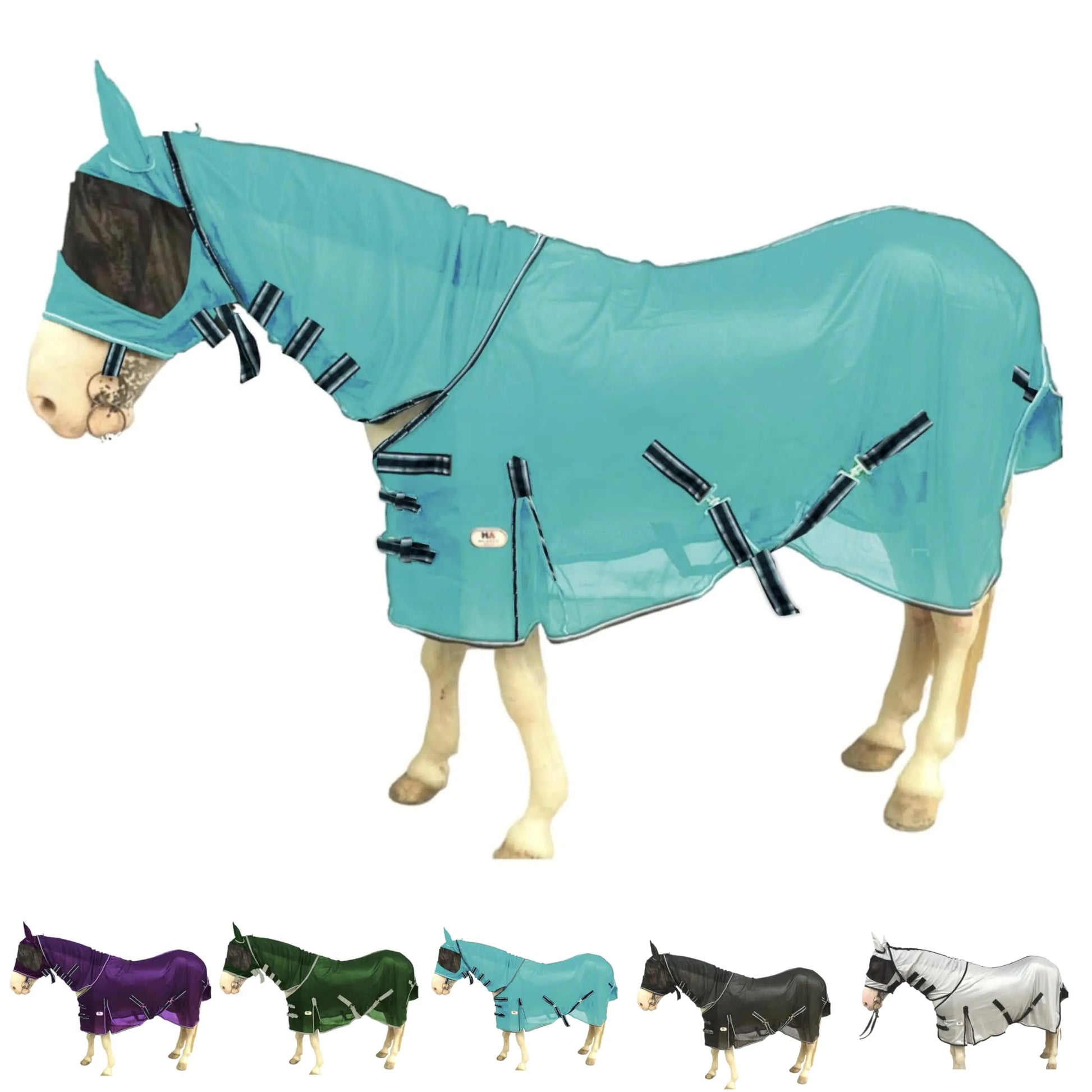 Majestic Ally Horse Fly Sheet with Neck Cover and Head Mask Breathable UV and Bite Equine Protection Adjustable Body Straps Boarding or Turnout Accessory Contoured Fit (Turquoise 76 Inch) - The One Stop Equine Shop